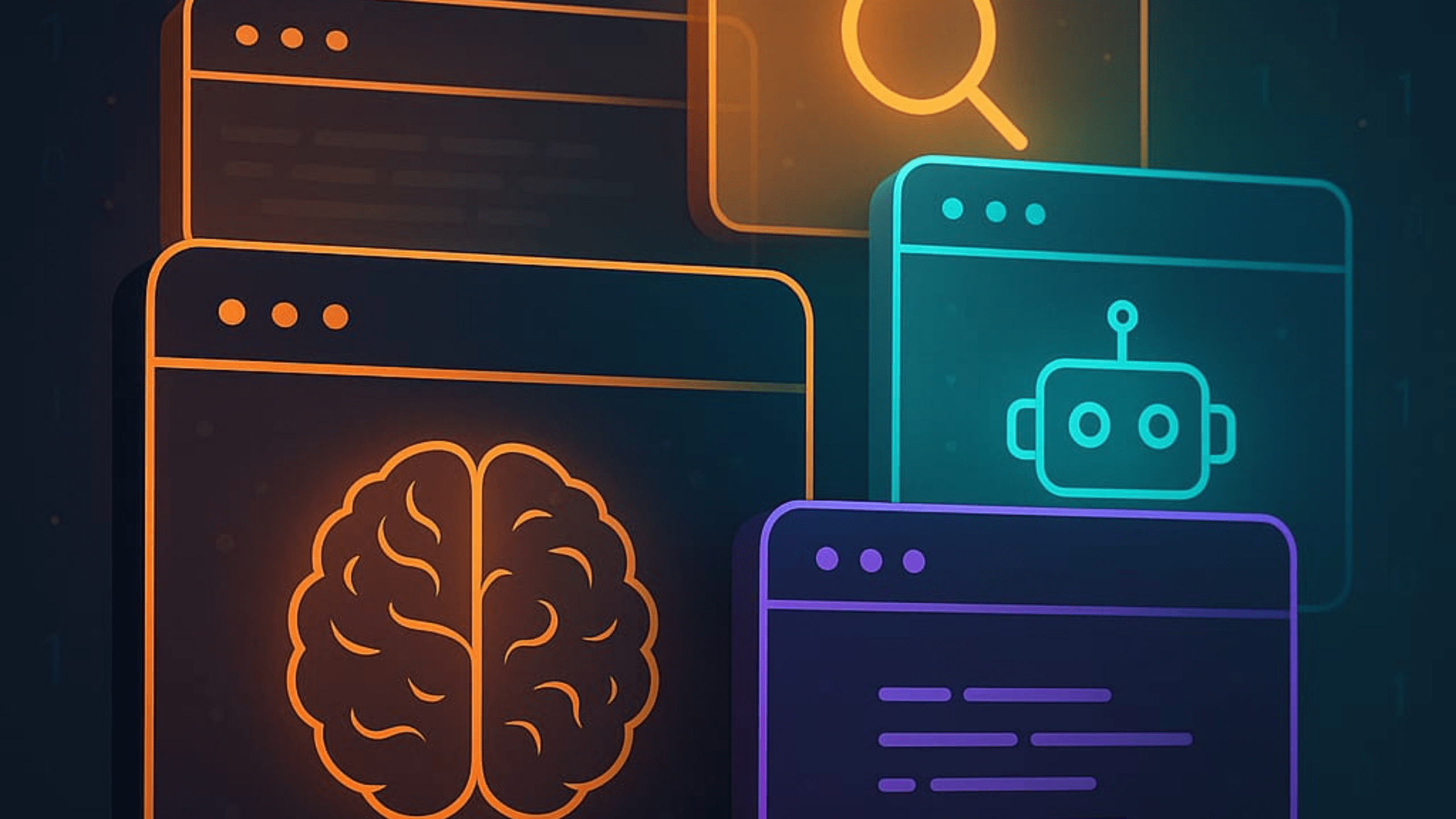 Renkli arayüz pencereleri üzerinde beyin ve robot simgeleri